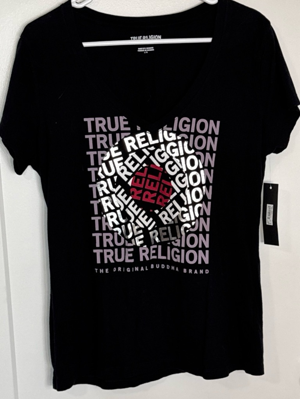NWT True Religion Women's Black Logo V-Neck Tee